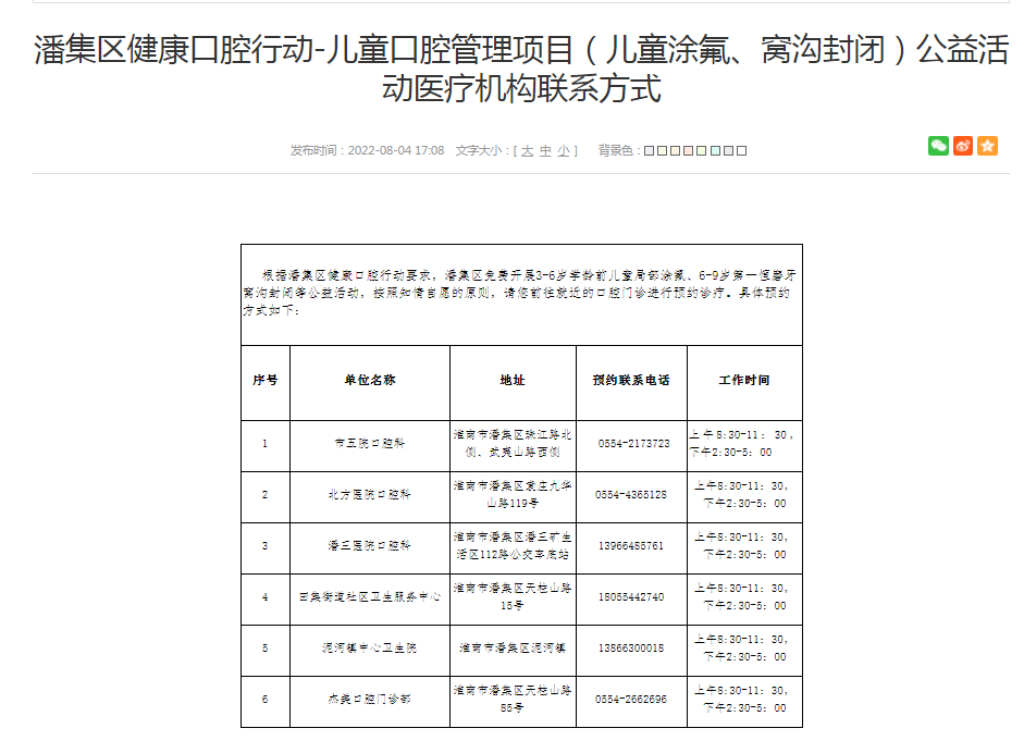 淮南潘集區健康口腔行動(dòng)-兒童口腔管理項目（兒童涂氟、窩溝封閉）公益活動(dòng)醫療機構聯(lián)系方式