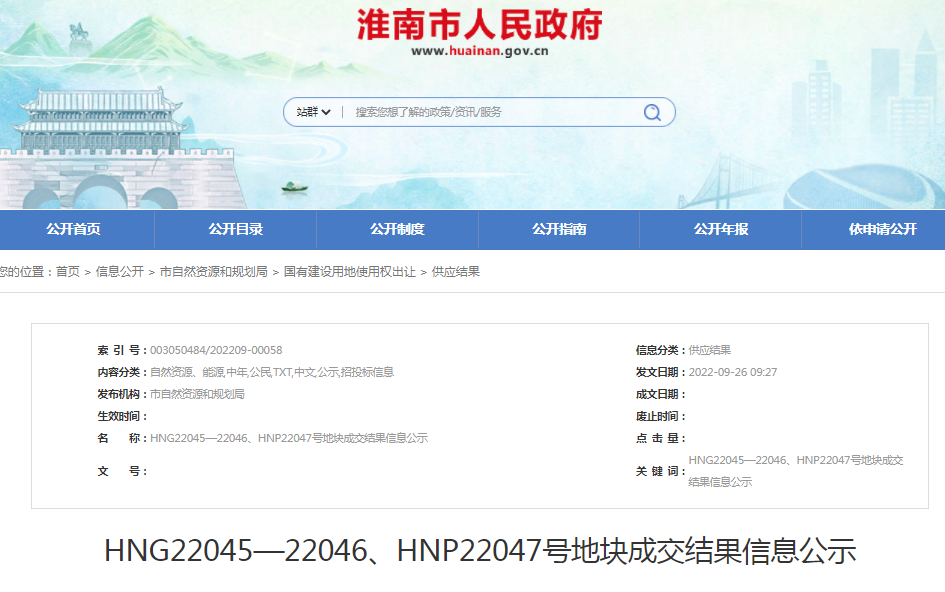 淮南HNG22045—22046、HNP22047號地塊成交結果信息公示