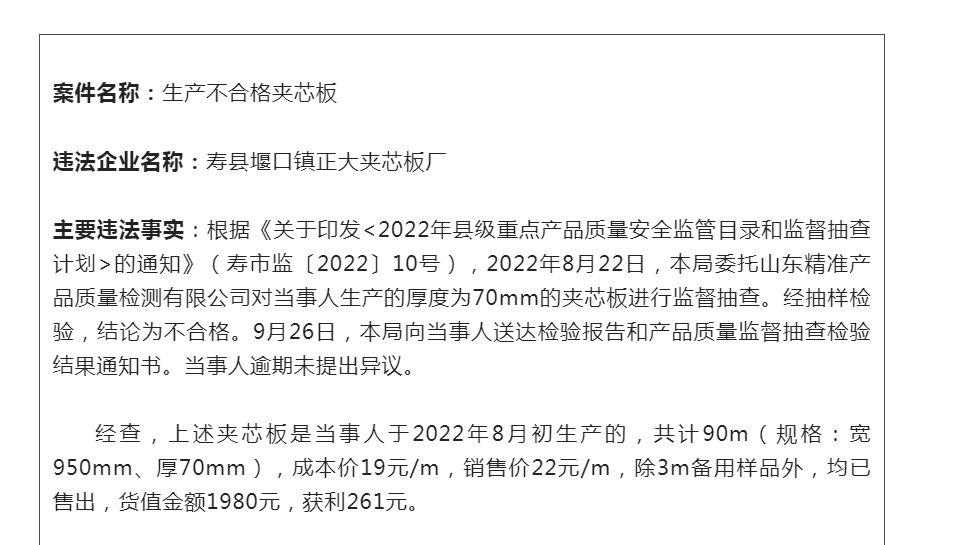 淮南壽縣堰口正大夾芯板廠(chǎng)因生產(chǎn)不合格夾芯板被罰2000元！